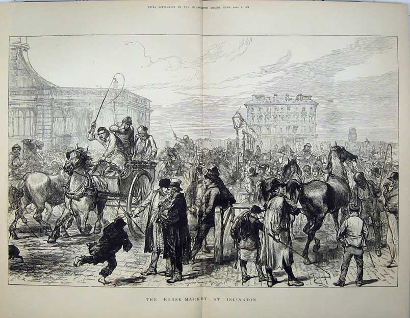 Original Old Antique Print 1874 Scene Horse Market Islington Sale Sketch 19th