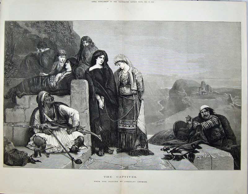 Antique Old Print 1874 Captives Native Men Weapons Women Hostage Fine Art 19th