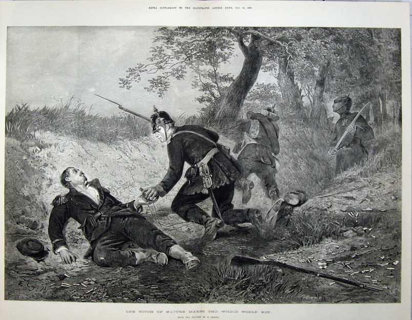 Original Old Antique Print 1874 War Sier Wounded Weapons Battle Country Crofts