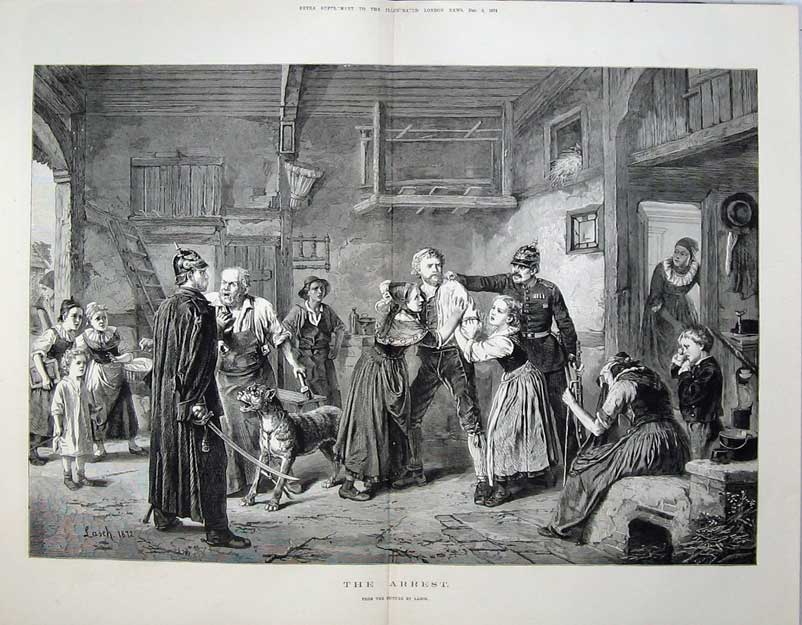 Original Old Antique Print 1874 Fine Art Policemen House Man Children Lasch