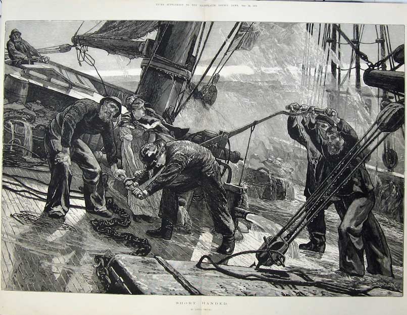 Old Antique Print 1874 Fine Art Short Handed Smythe Deck Ship Men Storm 19th