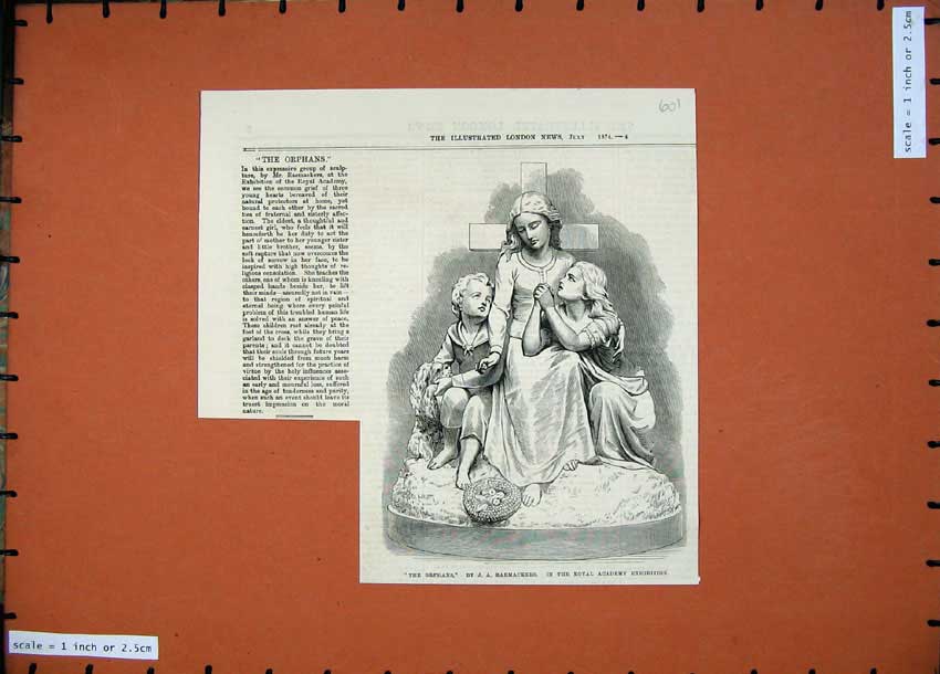Original Old Antique Print 1874 Sculpture Orphans Raemackers Academy Exhibition