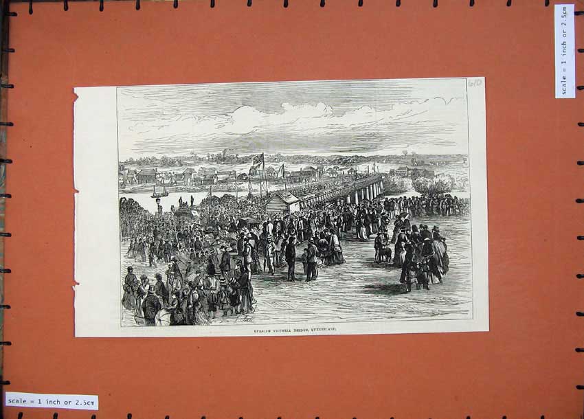 Old Antique Print Scene Opening Victoria Bridge Queensland Australia 1874 19th