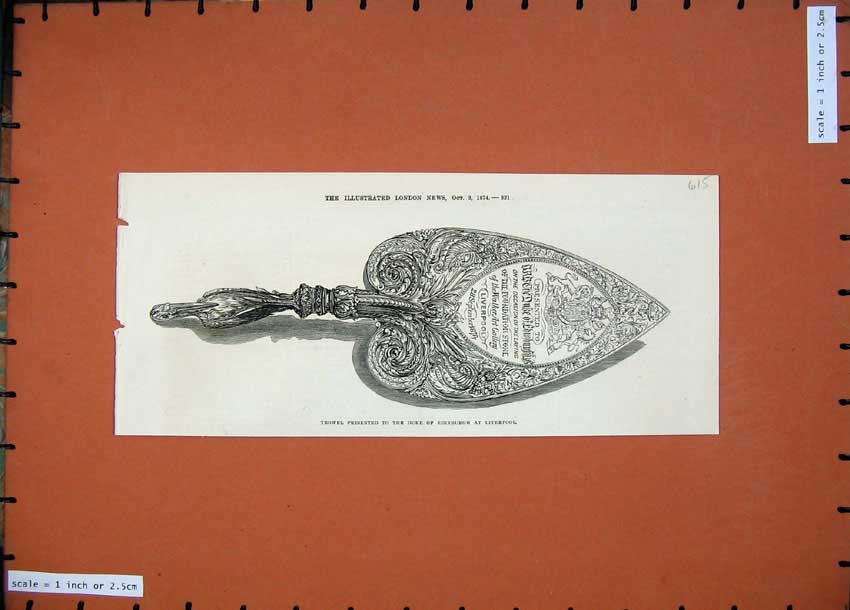Original Old Antique Print 1874 Trowel Presented Duke Edinburgh Liverpool 19th