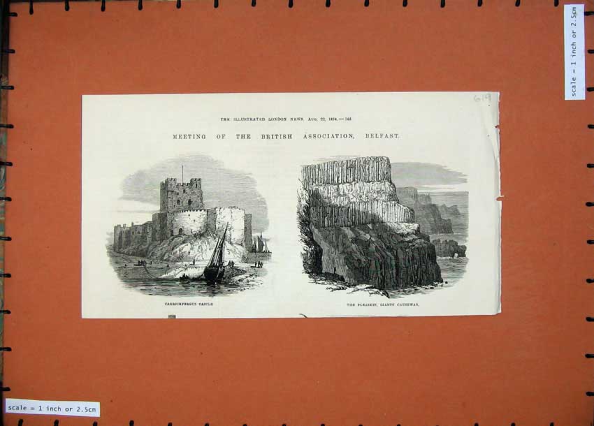 Original Old Antique Print 1874 Ireland Carrickfergus Castle Giants Causeway