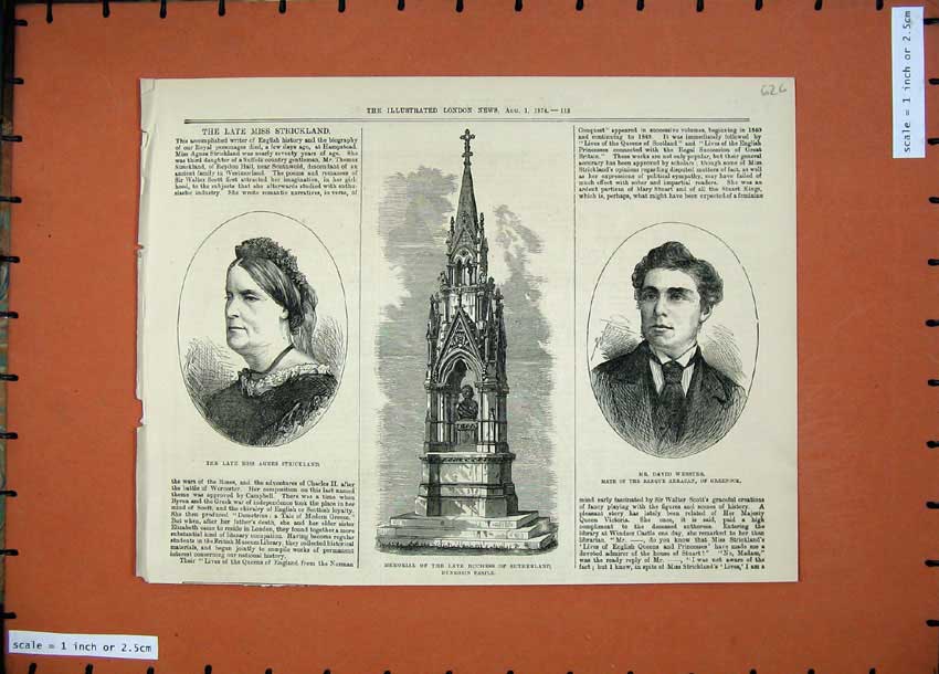 Original Old Antique Print 1874 Strickland Webster Memorial Sutherland Dunrobin