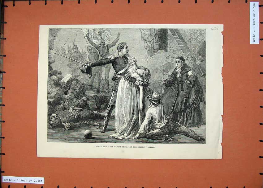Original Old Antique Print 1874 Scene Geneva Cross Adelphi Theatre War Dead