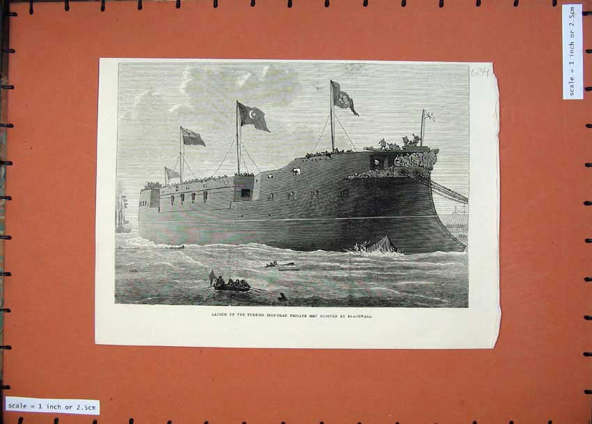 Old Antique Print Launch Turkish Ship Iron Clad Frigate Mes' Oudiyeh 1874 19th