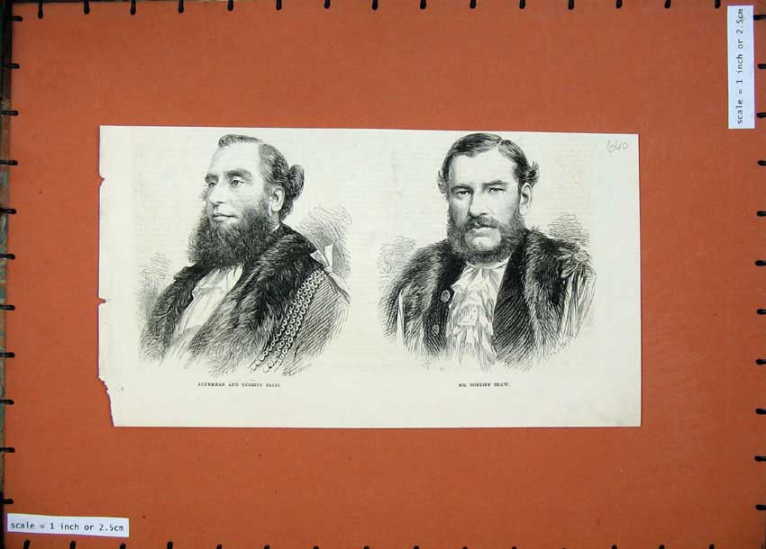 Original Old Antique Print Portrait 1874 Alderman Sheriff Ellis Shaw Men 19th