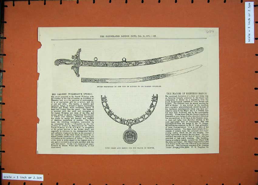 Original Old Antique Print 1874 Civic Chain Badge Mayor Exeter Sword Wolseley