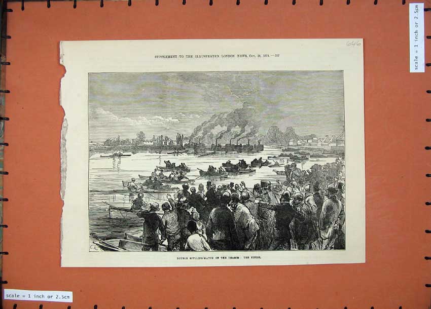 Original Old Antique Print 1874 Double Sculling Match River Thames Boats Sport