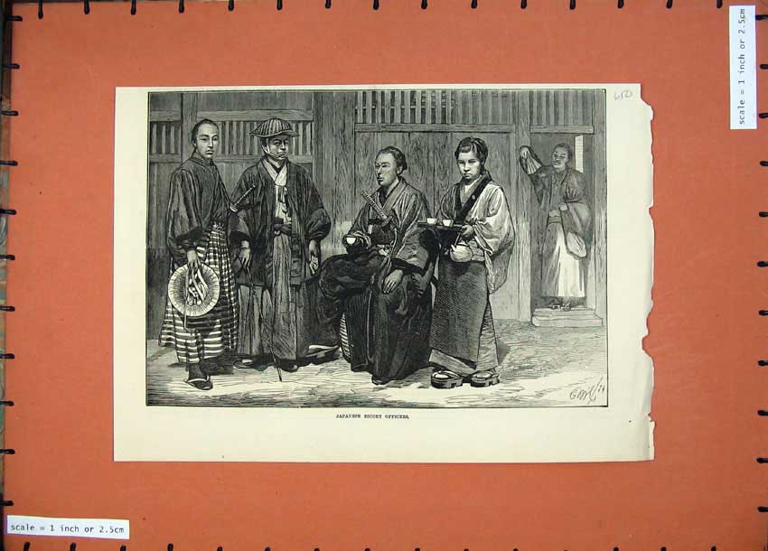 Original Old Antique Print 1874 Japanese Escort Officers Men Costume Fine Art