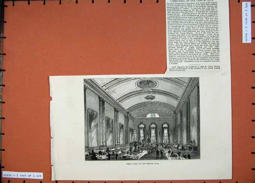 Old Antique Print 1874 Fine Art Great Hall Temple Club Dining Room Strand 19th