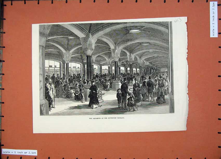 Original Old Antique Print Fine Art 1874 Aquarium Southport Pavilion People