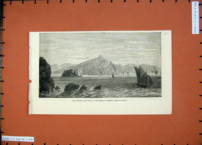 Old Antique Print Cape Colonna 1874 Ruins Temple Minerva Greece Ship Sea 19th