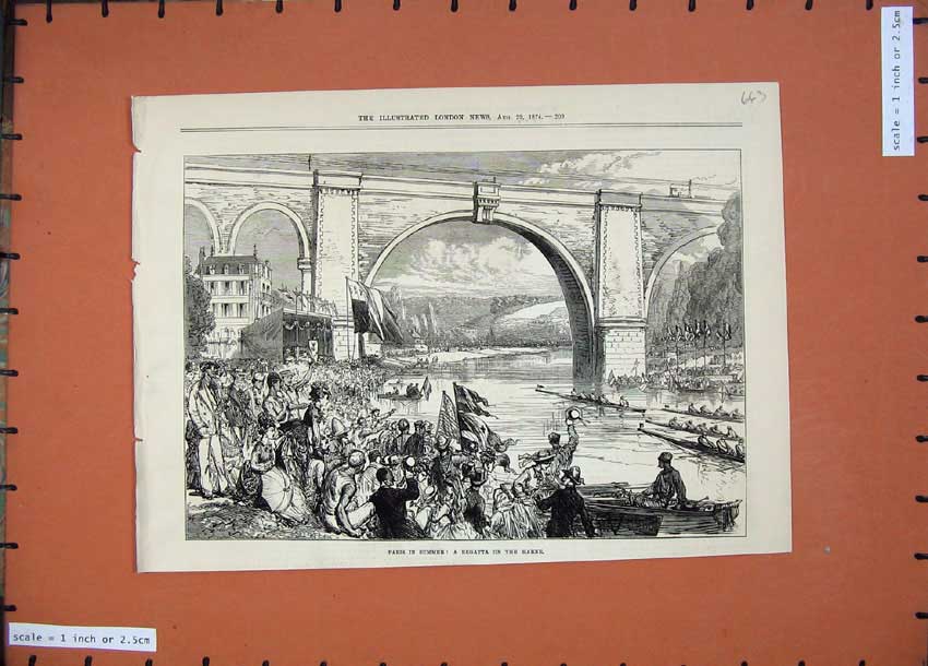 Old Antique Print 1874 Paris France Regatta Marne River Bridge Boats Men 19th