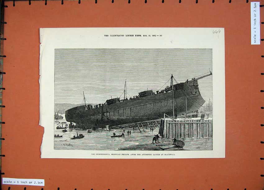 Old Antique Print 1874 Ship Independencia Brazilian Frigate Blackwall Art 19th