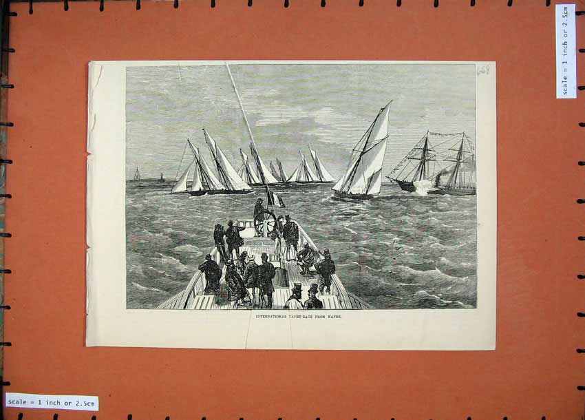 Original Old Antique Print 1874 International Yacht Race Havre Sailing Ship Art