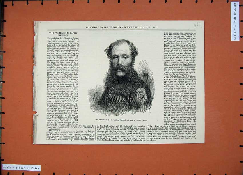 Original Old Antique Print 1874 Mr Atkinson Durham Winner Queens Prize Man Army