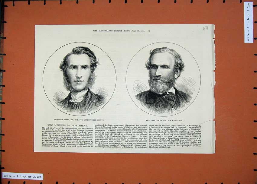 Old Antique Print 1874 Professor Smythe Londonderry James Cowan Edinburgh 19th