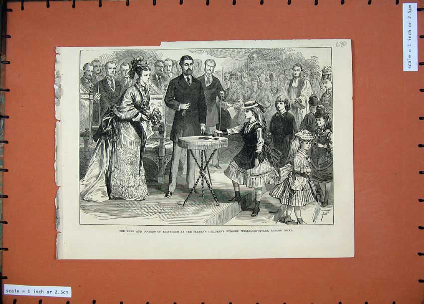 Original Old Antique Print 1874 Duke Edinburgh Seamens Childrens Nursey London