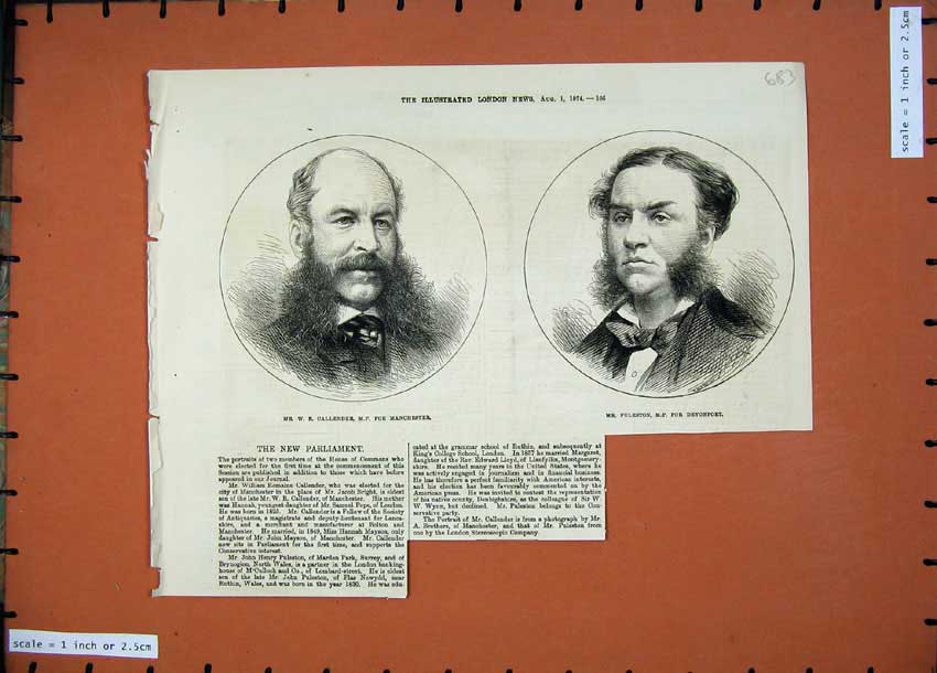 Old Antique Print 1874 Callender Manchester Parliament Puleston Devonport 19th