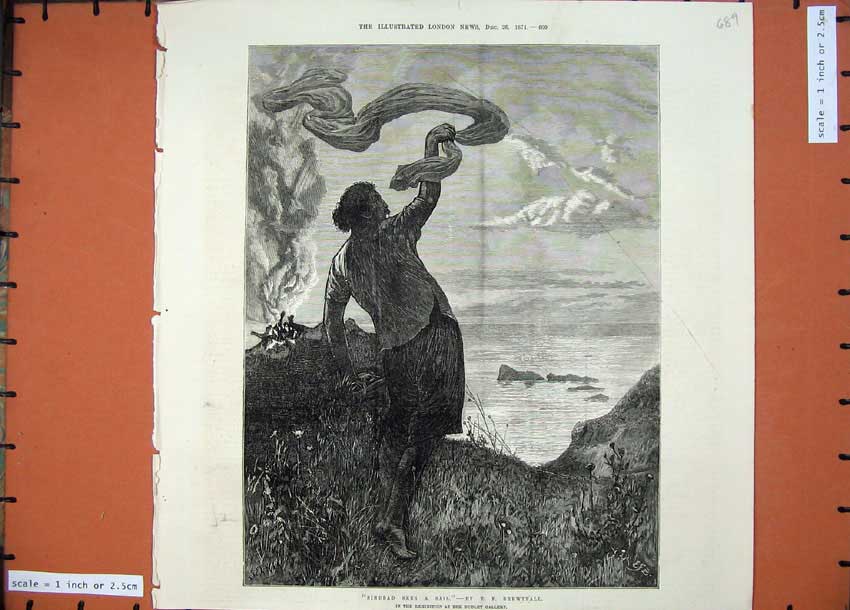Old Antique Print 1874 Fine Art Sinbad Sail Ship Brewtnall Desert Island 19th