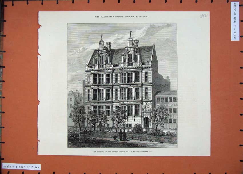 Old Antique Print 1874 New Offices London School Board Thames Embankment 19th