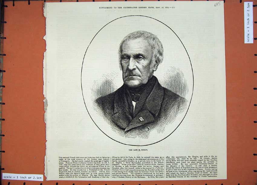 Original Old Antique Print 1874 Portrait French Statesman Guizot Man Victorian