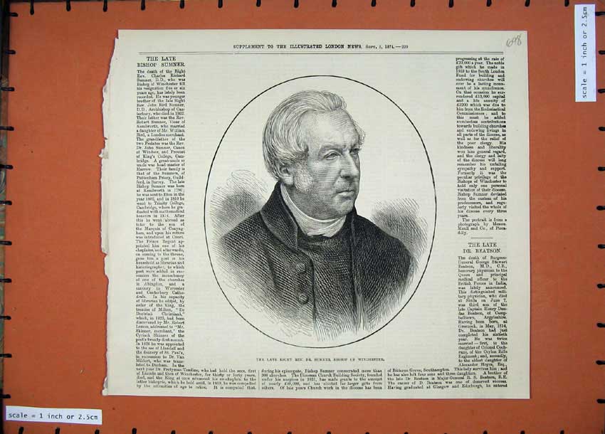 Original Old Antique Print 1874 Right Rev. Dr Sumner Bishop Winchester Man 19th