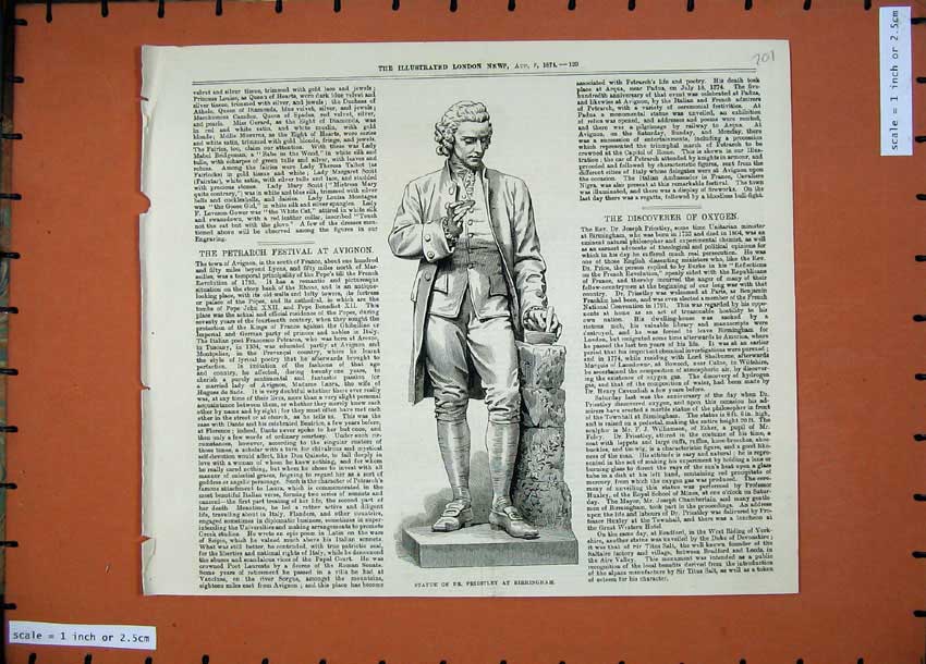 Original Old Antique Print 1874 Statue Dr Priestley Birmingham Man Victorian