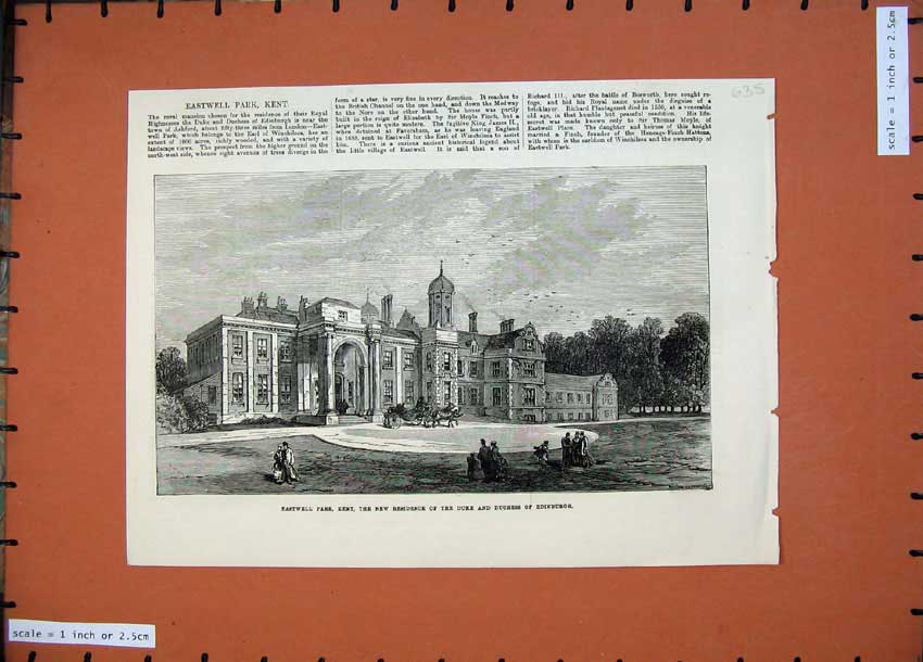 Original Old Antique Print 1874 Eastwell Park Kent Duke Duchess Edinburgh 19th