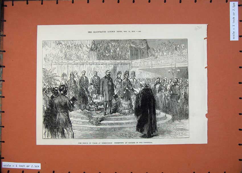 Original Old Antique Print Prince Wales Birmingham 1874 Address Townhall Men