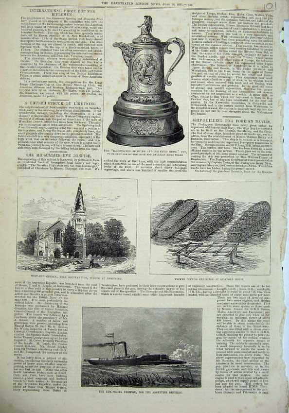 Original Old Antique Print 1875 Church Southampton Wicker Coffins Ship Bermejo
