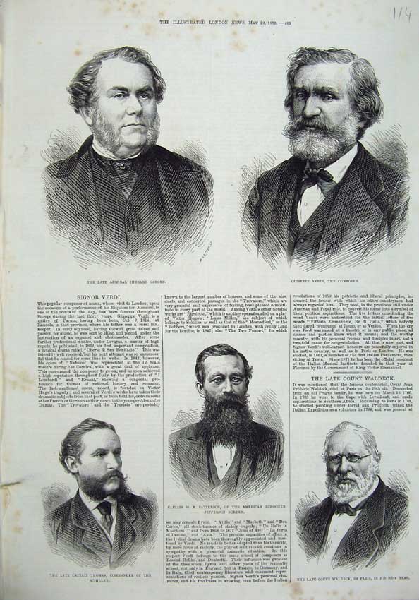 Original Old Antique Print Admiral Osborn Verdi Composer 1875 Patterson Waldeck