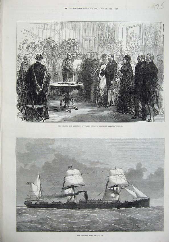 Original Old Antique Print 1875 Steam Ship Lake Champlain Prince Wales School