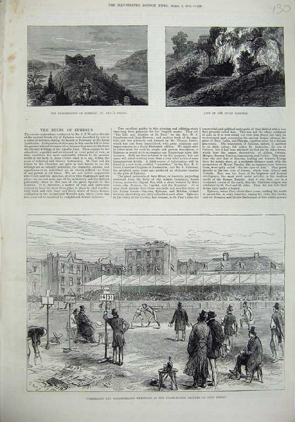 Old Antique Print 1875 Wrestling Sport Cave Seven Sleepers Ephesus Prison 19th