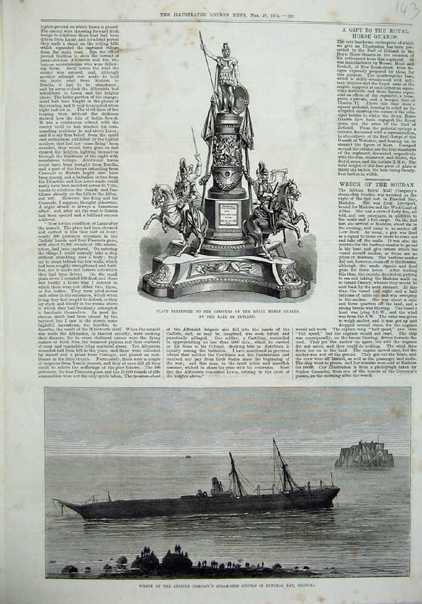 Original Old Antique Print 1875 Plate Officers Horse Guards Ship Soudan Maderia