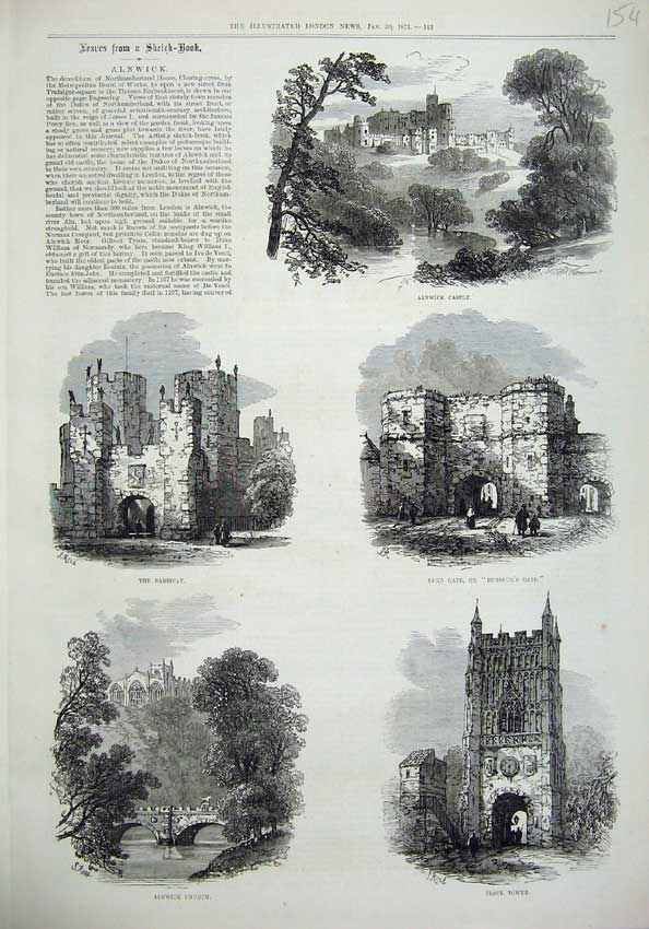 Old Antique Print Alnwick 1875 Castle Barbican Hotspur Gate Clock Tower 19th