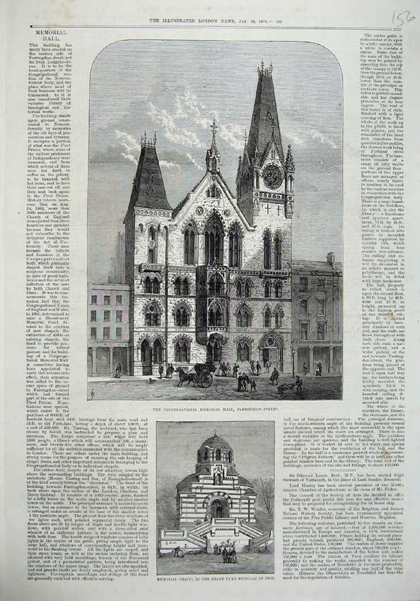 Old Antique Print 1875 Memorial Hall Farringdon Street Chapel Duke Nice 19th