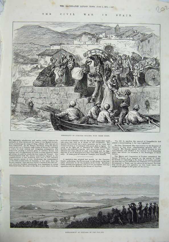 Original Old Antique Print War Spain 1875 Guetaria People Bombardment Carlists