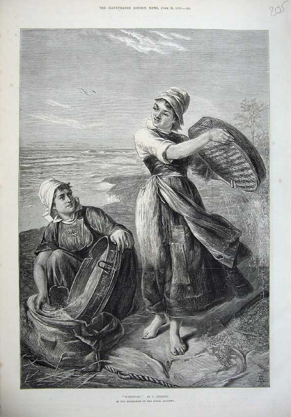 Original Old Antique Print 1875 Fine Art Winnowing Women Riddling Sea Shore