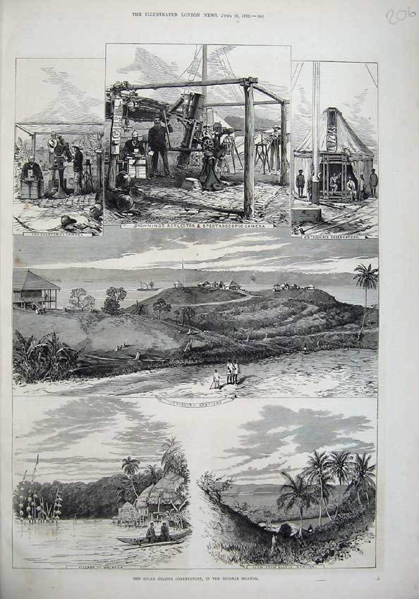 Old Antique Print 1875 Solar Eclipse Observatory Nicobar Islands Malakka 19th