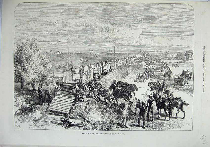 Old Antique Print 1875 Embarkation Artillery Railway Trains India Horses 19th