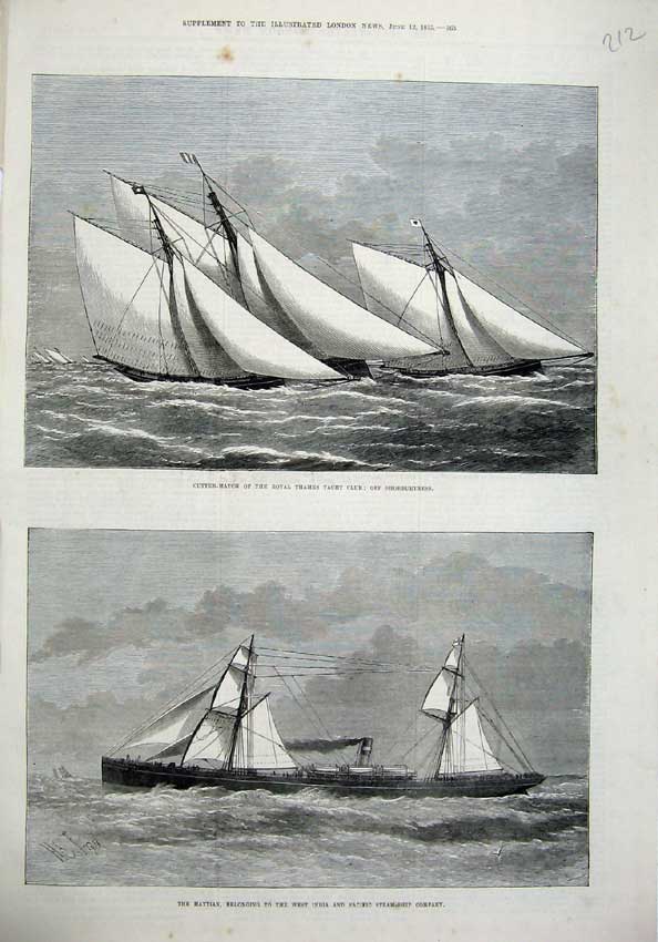 Old Antique Print 1875 Cutter Match Thames Yacht Club Haytian Ship India 19th