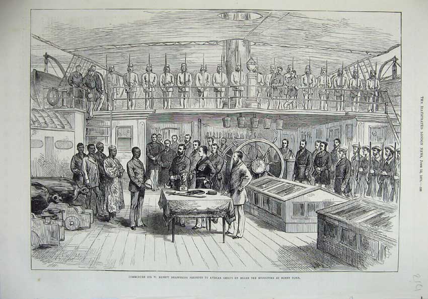 Original Old Antique Print 1875 Commodore Hewitt African Chiefs Encounter Ship