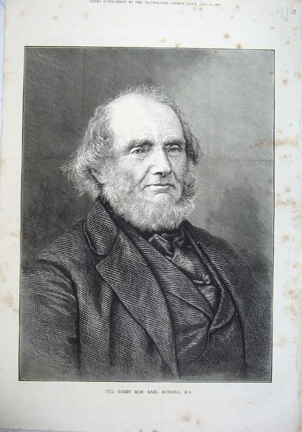 Original Old Antique Print 1875 Fine Art Portrait Earl Russell Bearded Man 19th