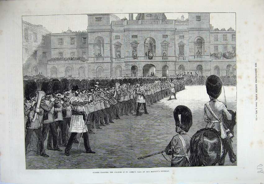 Old Antique Print 1875 Guards Trooping Colours Music James'S Park Queen 19th