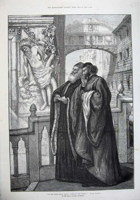 Original Old Antique Print 1875 Fine Art Holy Men Ponte Della Paglia Council