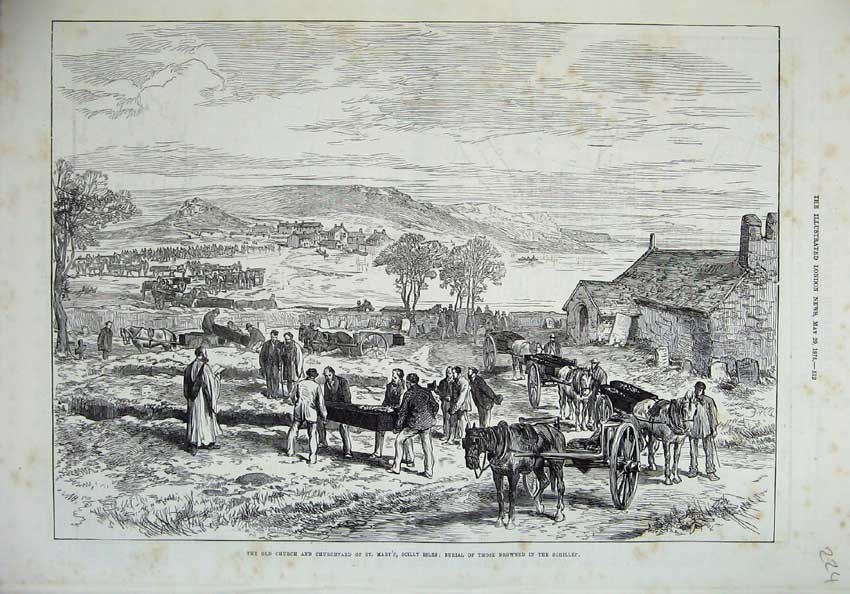 Old Antique Print 1875 Church Churchyard St Mary'S Scilly Isles Funeral 19th